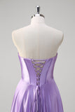 Purple Strapless Corset Satin Pleated A-Line Prom Dress with Slit