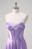 Purple Strapless Corset Satin Pleated A-Line Prom Dress with Slit