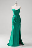 Green Strapless Mermaid Ruched Satin Prom Dress with Slit