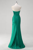 Green Strapless Mermaid Ruched Satin Prom Dress with Slit