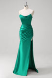 Green Strapless Mermaid Ruched Satin Prom Dress with Slit