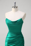 Green Strapless Mermaid Ruched Satin Prom Dress with Slit