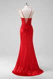 Red Spaghetti Straps Corset Applique Mermaid Prom Dress with Slit