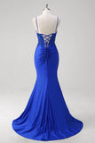 Glitter Royal Blue Sequins Beaded Mermaid Prom Dress with Slit