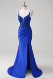 Glitter Royal Blue Sequins Beaded Mermaid Prom Dress with Slit