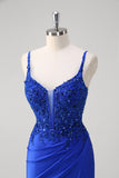 Glitter Royal Blue Sequins Beaded Mermaid Prom Dress with Slit