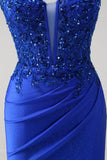 Glitter Royal Blue Sequins Beaded Mermaid Prom Dress with Slit