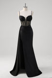 Black Spaghetti Straps Corset Mermaid Prom Dress with Slit