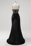 Black Spaghetti Straps Corset Mermaid Prom Dress with Slit