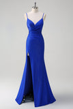 Glitter Royal Blue Mermaid Spaghetti Straps Long Prom Dress With Slit