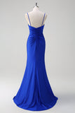 Glitter Royal Blue Mermaid Spaghetti Straps Long Prom Dress With Slit