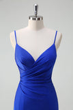 Glitter Royal Blue Mermaid Spaghetti Straps Long Prom Dress With Slit