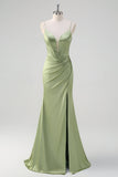 Green Mermaid Spaghetti Straps Corset Long Satin Prom Dress With Slit