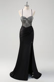 Sparkly Black Mermaid Spaghetti Straps Beaded Long Prom Dress With Slit