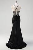 Sparkly Black Mermaid Spaghetti Straps Beaded Long Prom Dress With Slit