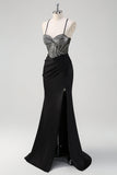 Sparkly Black Mermaid Spaghetti Straps Beaded Long Prom Dress With Slit