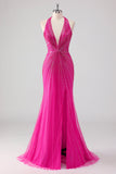 Glitter Halter Fuchsia Beaded Mermaid Prom Dress with Slit