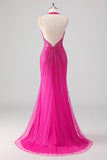 Glitter Halter Fuchsia Beaded Mermaid Prom Dress with Slit