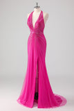 Glitter Halter Fuchsia Beaded Mermaid Prom Dress with Slit