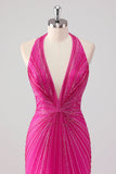 Glitter Halter Fuchsia Beaded Mermaid Prom Dress with Slit