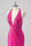 Glitter Halter Fuchsia Beaded Mermaid Prom Dress with Slit