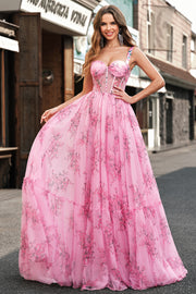 Blush Corset Floral Printed A-Line Prom Dress