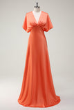 Sunset V-Neck Short Sleeves Satin A-Line Bridesmaid Dress