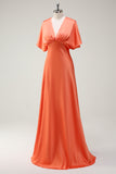 Sunset V-Neck Short Sleeves Satin A-Line Bridesmaid Dress