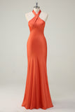 Orange Halter Satin Blackless Mermaid Bridesmaid Dress