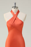 Orange Halter Satin Blackless Mermaid Bridesmaid Dress