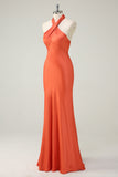 Orange Halter Satin Blackless Mermaid Bridesmaid Dress