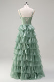 Dusty Sage Corset Tiered A-Line Bridesmaid Dress with Slit