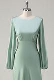 Sage Long Sleeves Satin A-Line Bridesmaid Dress