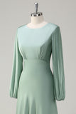 Sage Long Sleeves Satin A-Line Bridesmaid Dress