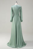 Sage Long Sleeves Satin A-Line Bridesmaid Dress