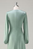 Sage Long Sleeves Satin A-Line Bridesmaid Dress