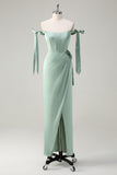 Sage Off the Shoulder Sheath Bow Satin Bridesmaid Dress with Slit