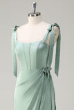 Sage Off the Shoulder Sheath Bow Satin Bridesmaid Dress with Slit