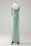 Sage Off the Shoulder Sheath Bow Satin Bridesmaid Dress with Slit