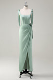 Sage Off the Shoulder Sheath Bow Satin Bridesmaid Dress with Slit