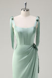 Sage Off the Shoulder Sheath Bow Satin Bridesmaid Dress with Slit