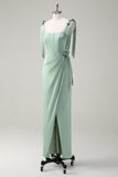 Sage Off the Shoulder Sheath Bow Satin Bridesmaid Dress with Slit