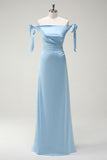 Sky Blue Strapless A-Line Satin Bridesmaid Dress with Bows