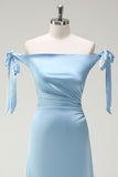 Sky Blue Strapless A-Line Satin Bridesmaid Dress with Bows