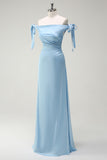 Sky Blue Strapless A-Line Satin Bridesmaid Dress with Bows