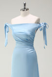 Sky Blue Strapless A-Line Satin Bridesmaid Dress with Bows