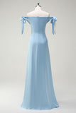 Sky Blue Strapless A-Line Satin Bridesmaid Dress with Bows