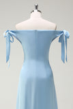 Sky Blue Strapless A-Line Satin Bridesmaid Dress with Bows