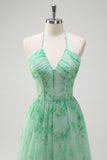 Green Halter Ruffled A-Line Floral Bridesmaid Dress with Slit