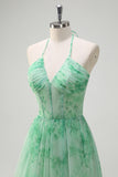 Green Halter Ruffled A-Line Floral Bridesmaid Dress with Slit